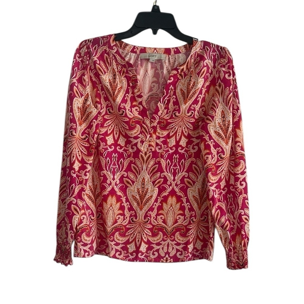 LOFT Paisley Smock Cuff V-Neck Blouse, Size Small - Picture 4 of 12